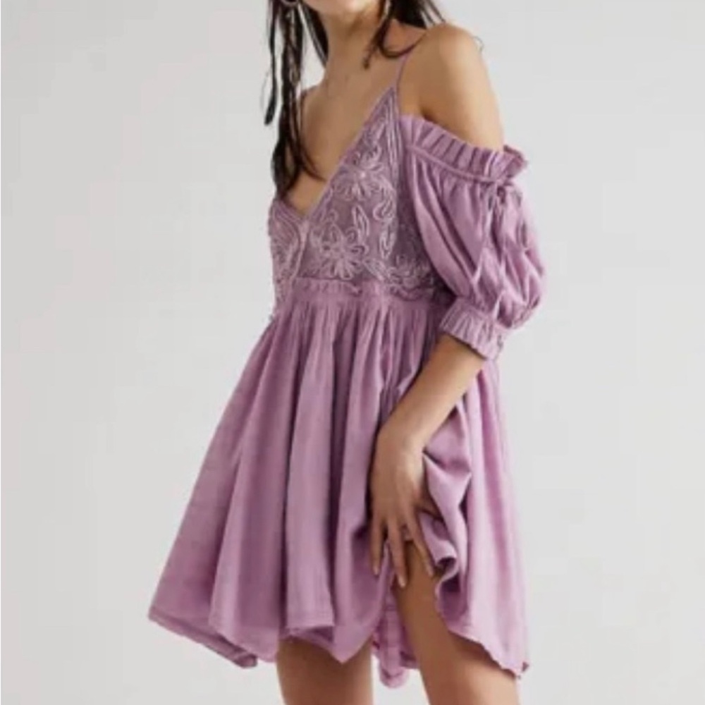 NWOT Free People Bali Badlands purple babydoll off the shoulder mini dress